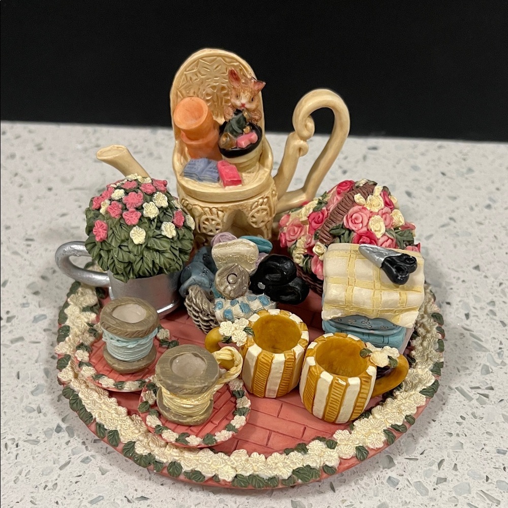 Vintage 1995 CHERISH Sewing Supplies & Tea Set with Flowers, Kitten